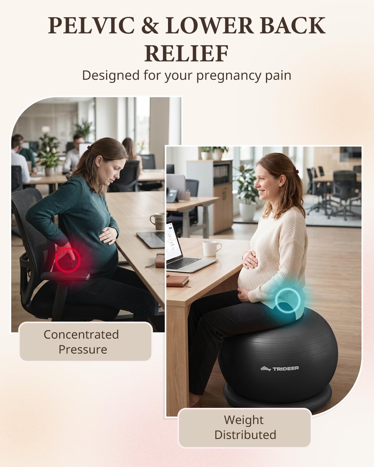Trideer Chaise ballon de yoga avec base pour bureau à domicile, ballon de stabilité et siège ballon d'équilibre pour soulager les douleurs dorsales, ballon d'entraînement à la maison pour les abdominaux, ballon de grossesse avec pompe