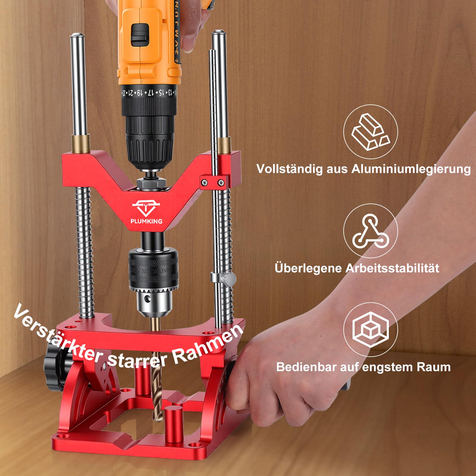Tragbare Bohrhilfe zum präzisen Bohren im Winkel oder gerade, 0° bis 60° Winkel-Bohrlehre, Bohrständeradapter für Handbohrmaschine, tragbarer Bohrständer mit 1/2" Bohrfutter