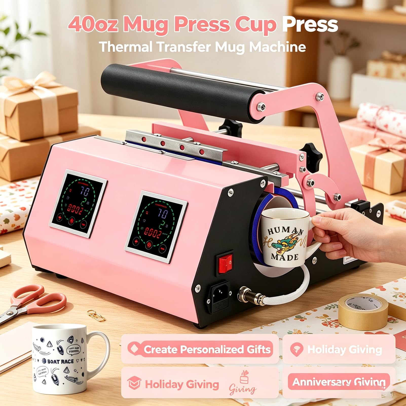 Máquina de prensa de calor de vaso 580W de doble control de calibre, 40oz Prensa de la taza de la taza de la taza | Máquina de transferencia térmica, temperatura de 999s, vacaciones, dar el aniversari