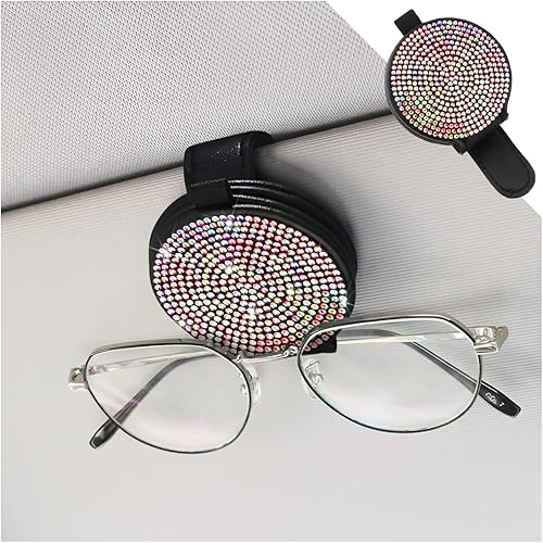 Blilo Soporte brillante para lentes de sol para visera solar de automóvil, soporte magnético de cuero para lentes con clip para tarjeta de boleto,