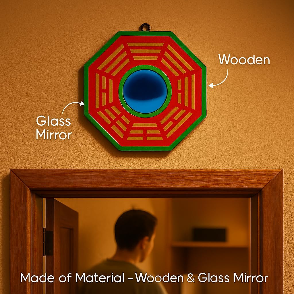 Fengshui Bagua (Pakua) Convex Wooden Mirror for Positive (Chi) Energy Main Door Home Office Shop Wall Hanging Decor Small Multicolor