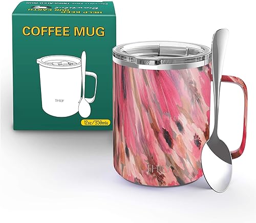 Miniatura 5 de THILY Taza de café aislada de acero inoxidable de 12 onzas con asa, tapa a prueba de derrames, mantiene el café frío o caliente, lindo regalo de