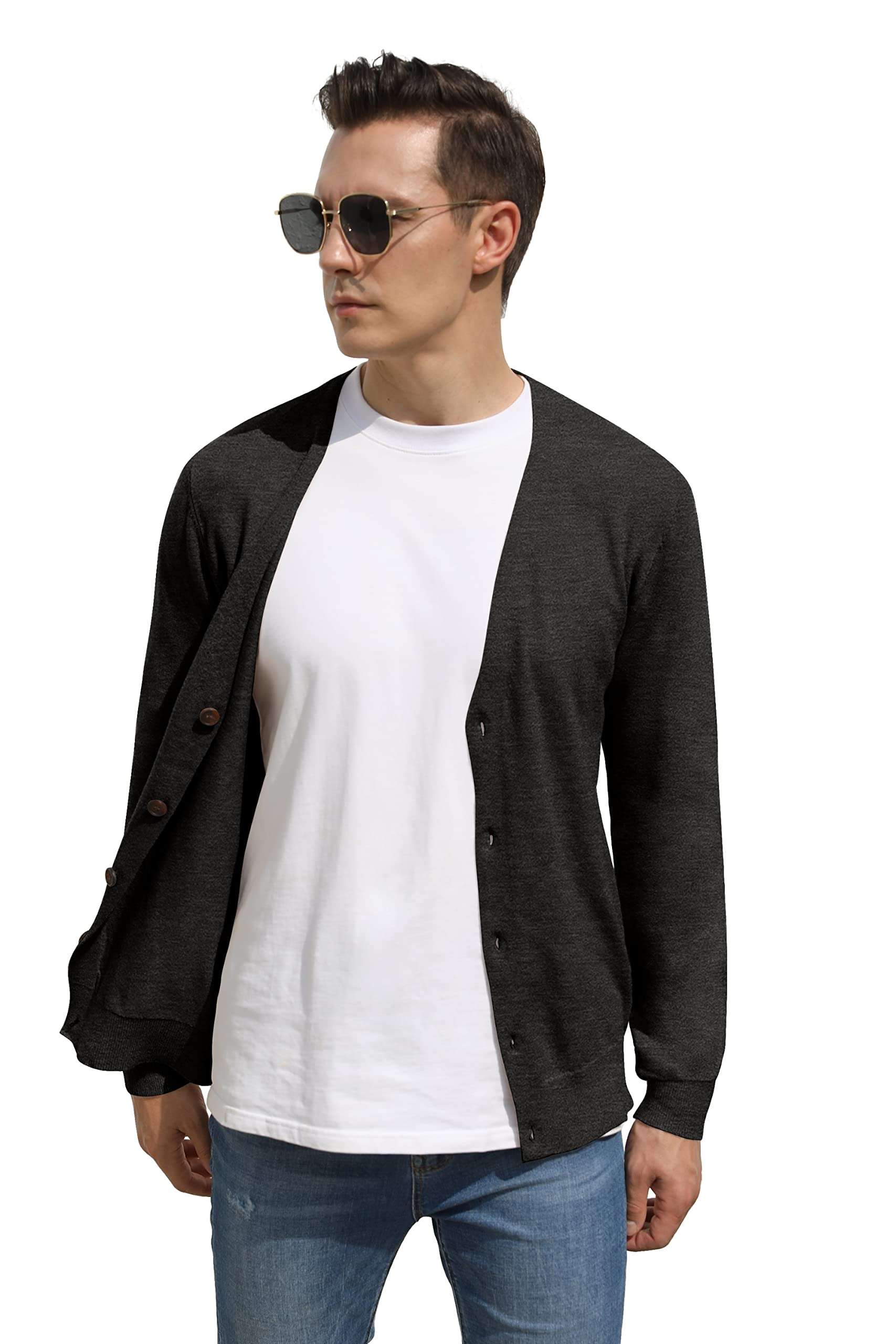 Hisir Men's Knit Cardigans Jumpers Lightweight Classic Soft Wool V Neck Cardigan with Buttons, Long Sleeve Knitwear Pullover Sweaters for Men, Mens Gift