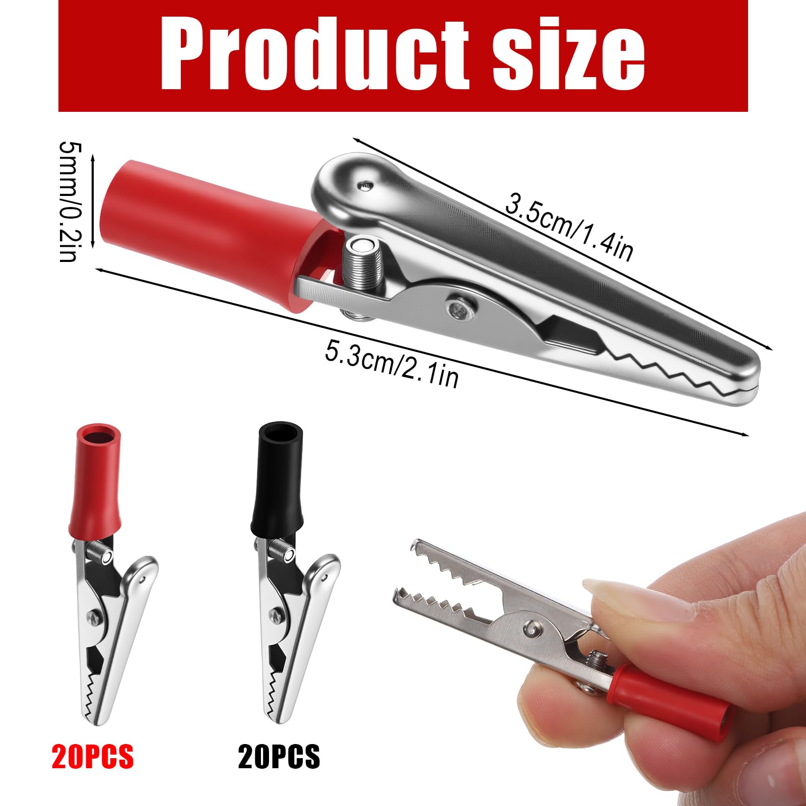 Larrel 40 sztuk zacisków krokodylkowych z metalu, zaciski krokodylkowe ze stali nierdzewnej 5,3 x 3,5 cm, elektryczne zaciski testowe z uchwytami z tworzywa sztucznego, antystatyczne akcesoria do