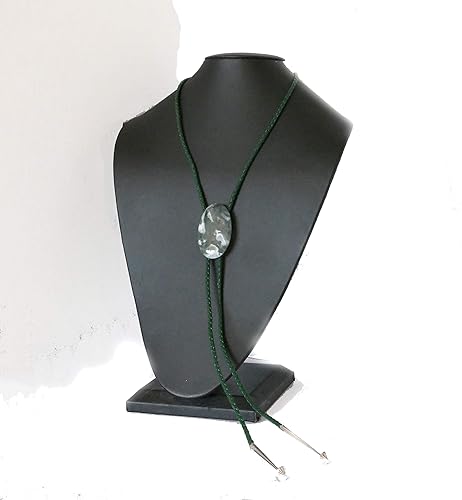 Miniatura 3 de Green and Whites Swirl in This Large Agate Bolo Stone with Green Leather Cords and Sterling Silver Tips