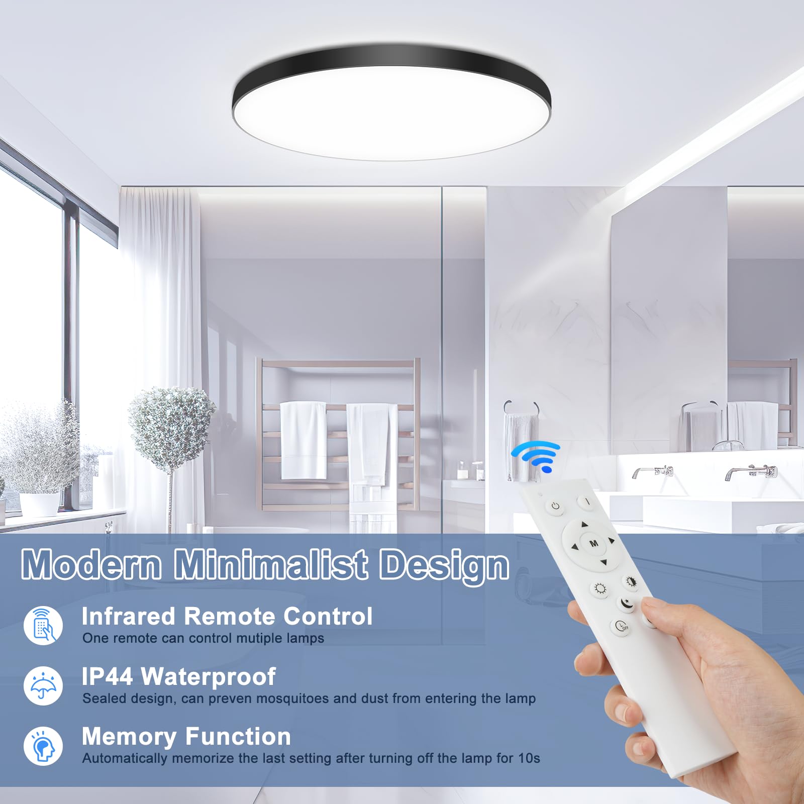 OUILA Plafoniera LED Soffitto Dimmerabile [2 Pezzi], 24W Lampada da Soffitto con Telecomando 3000K-6500K Plafoniera Bagno IP44 Impermeabile Ø28CM 2000LM Lampadario LED per Cameretta, Cucina, Soggiorno