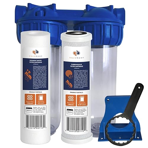 Aquaboon Sistema de filtración de agua de 2 etapas de 10 pulgadas para toda la casa, incluye filtros de sedimentos y carbono (puerto de latón de