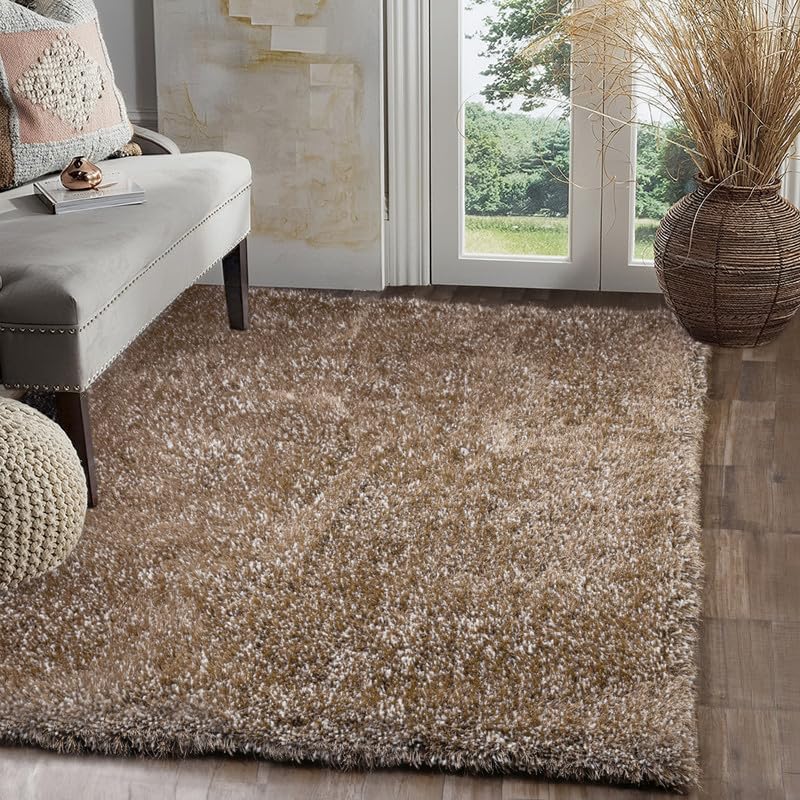 Image of FIASCO Round Shaggy Carpet Plain Fur Rugs Home and Office Sqaure Microfiber 2 Inch Pile Height Back in Canvas Modern Interior Mats 2x2 Feet Beige Ivory Mix