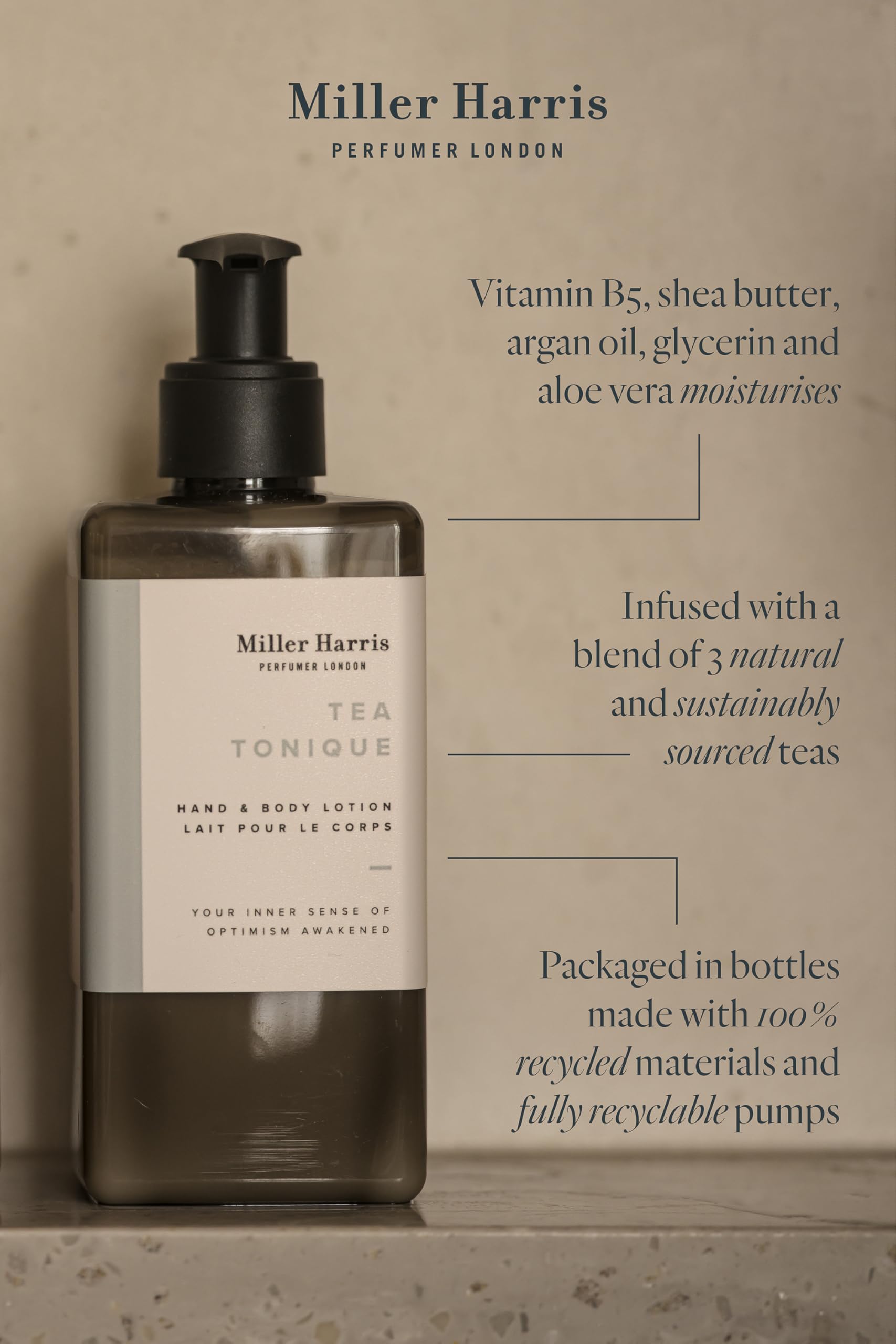 Miller Harris Tea Tonique Hand and Body Lotion 300ml - Shea Butter, Argan Oil, Aloe Vera & Vitamin B5, 300 ml (Pack of 1) - Image 3
