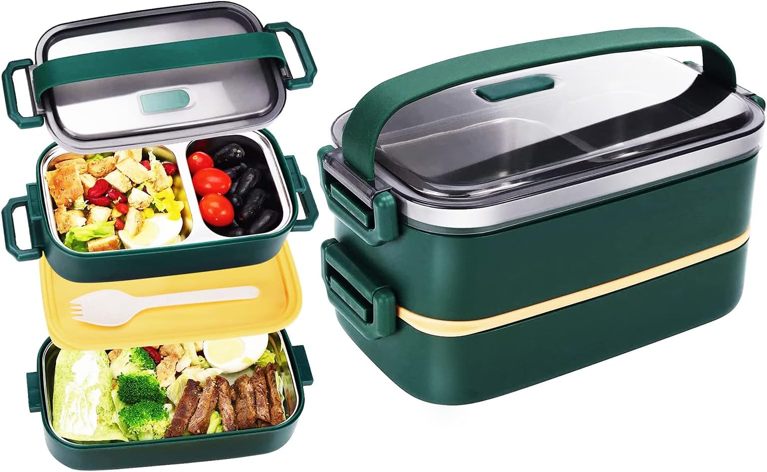 Stainless Steel Bento Box for Adults&Kids,Japanese Leakproof Lunch Box Divided Food Meal Storage Containers Set Stackable 2 Layer for Children School Picnic Green