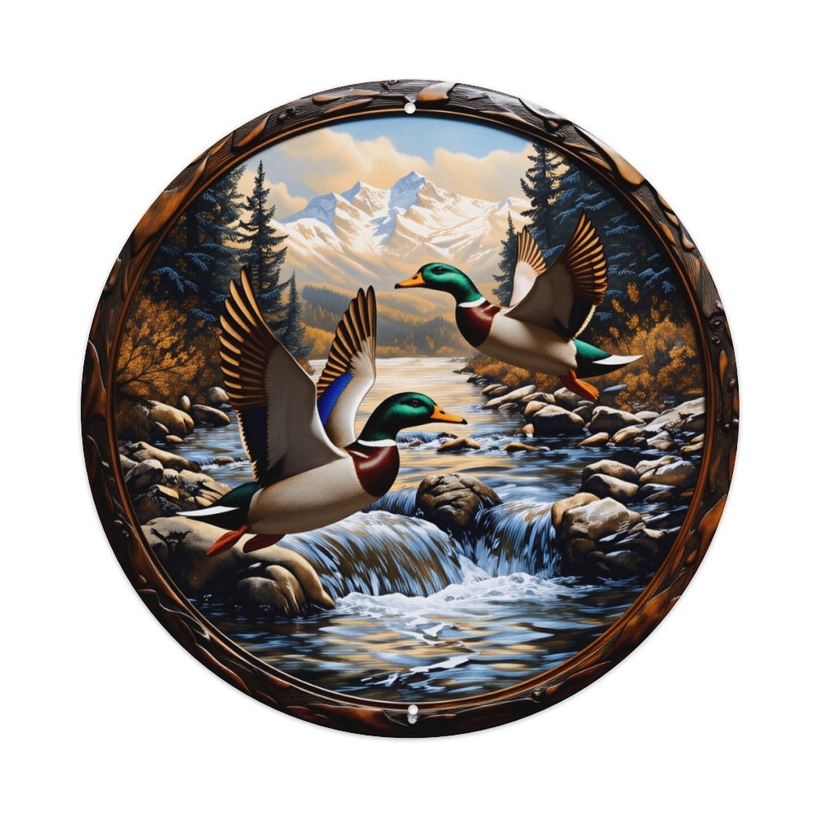 Ducks Flying Over River With Mountains Background Round Vintage Tin Sign,Retro Wall Art,Metal Poster for Home, Bar, Garage, Cafe, Rustic Indoor & Outdoor Decor, 8x8 Inches