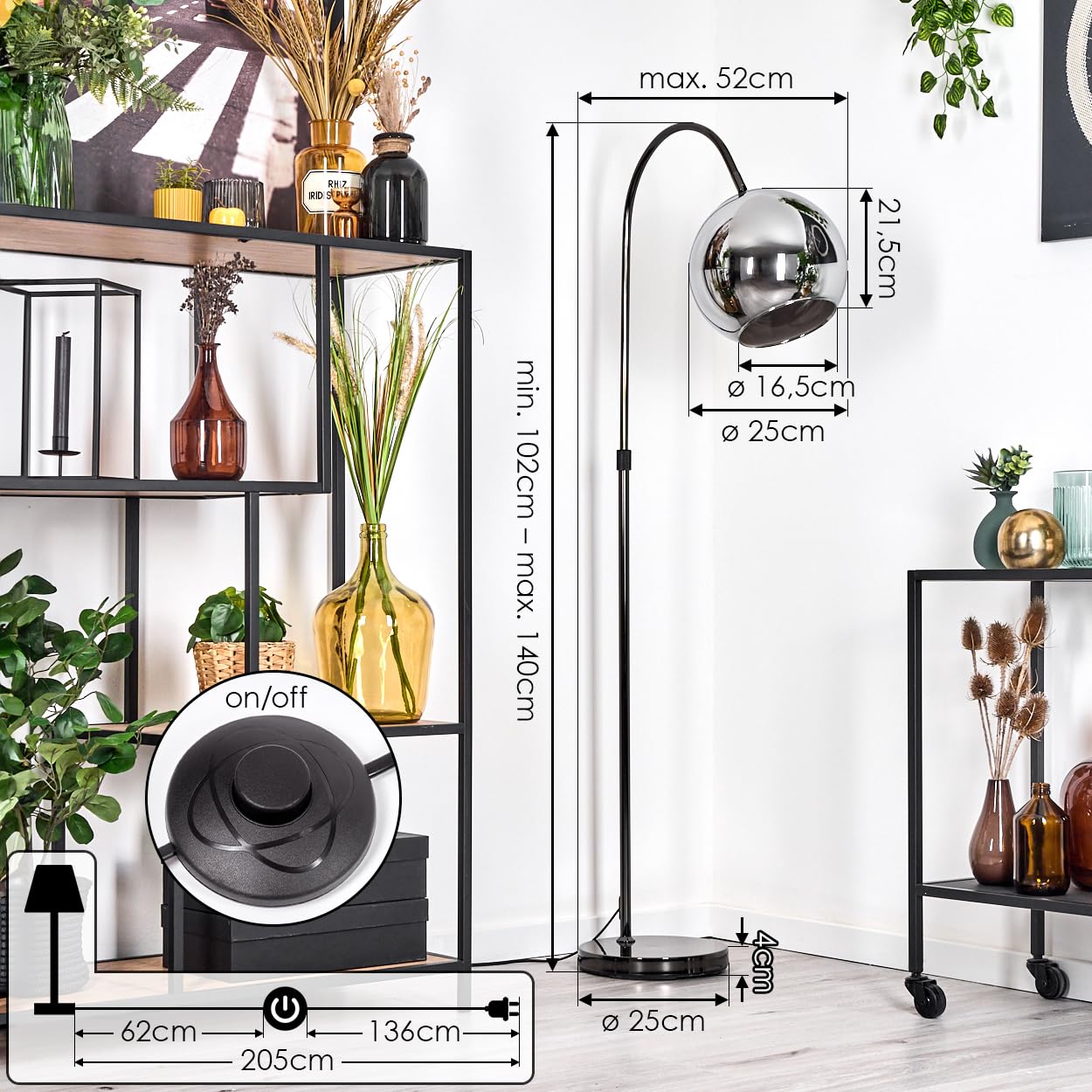 HOFSTEIN Lampadaire Koyoto, lampadaire en métal/verre noir/chrome/fumé, lampe réglable au design rétro/vintage (Ø 25 cm), interrupteur au pied, 140 cm, E27, salon, chambre à coucher, couloir