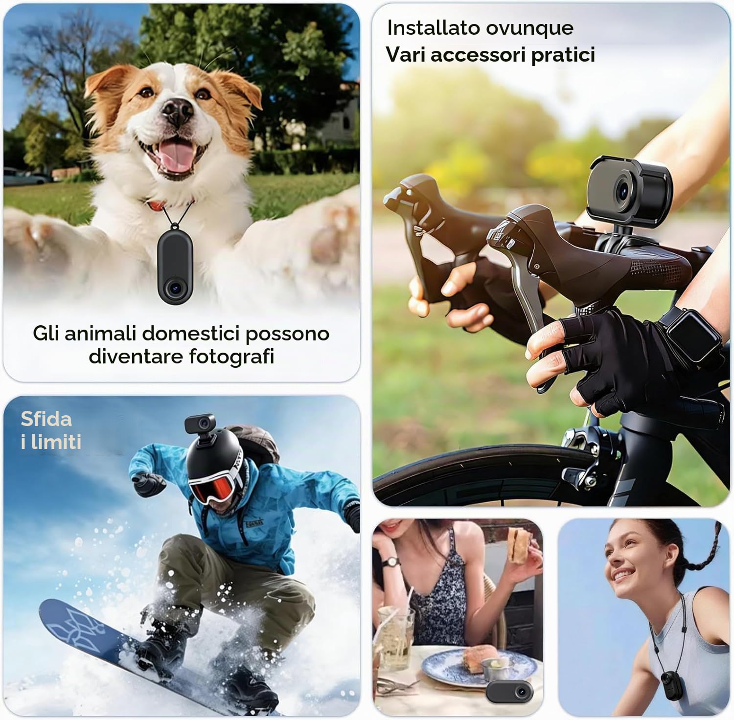 Action Cam WiFi, HD 1080P Mini Sportkamera, 360° Kleine Action Kamera, Fahrrad Video Kamera, Motorrad Helm Kamera mit Vielfältigem Zubehör für Reisen/Outdoor/Haustiere