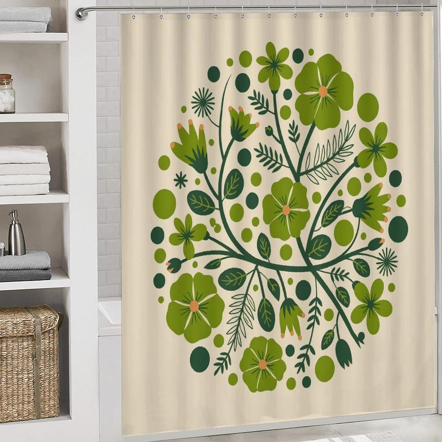Bathroom Mat Set, Green Floral Pattern Printed on Bathroom Curtain Sets with Rugs, Designed for Farmhouse Boho Contemporary Bathrooms, 72 x 72 inches