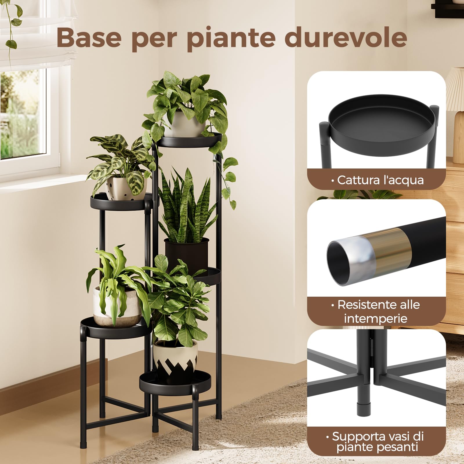 Bamworld Porta piante da interno in metallo a 5 livelli, supporto stabile per piante da interno ed esterno, design moderno per soggiorno, balcone e giardino