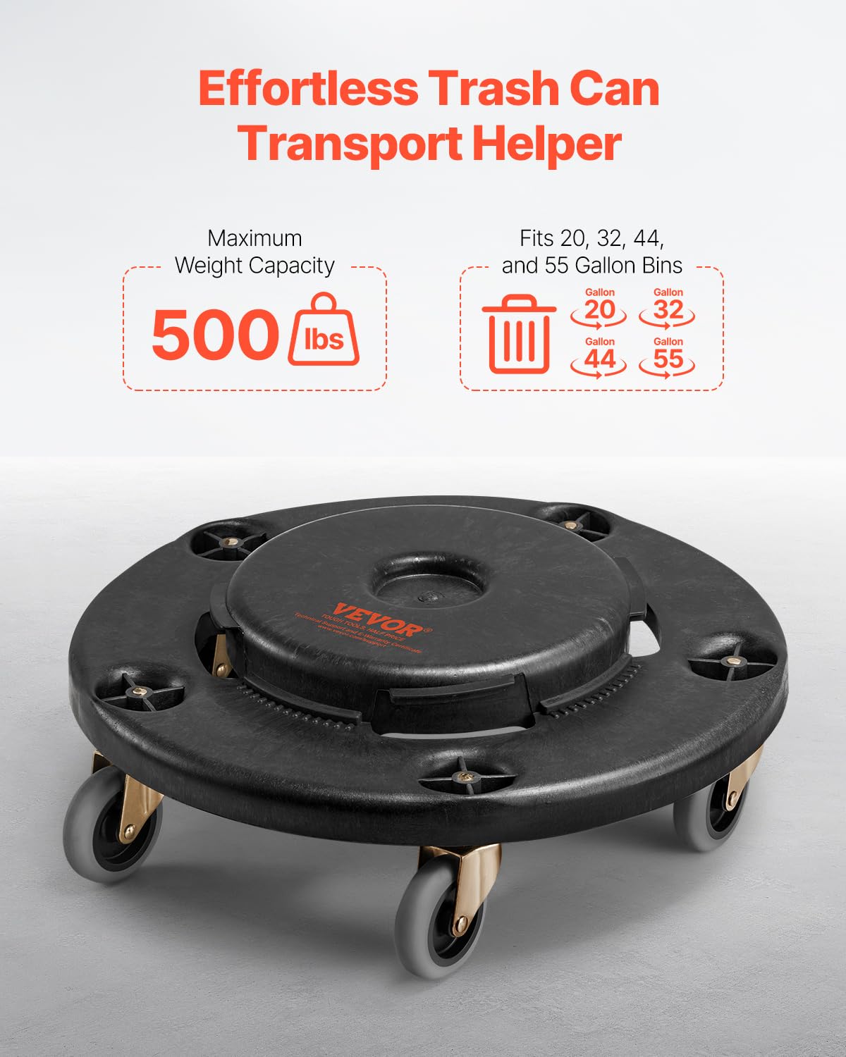 VEVOR Carrito de Bote de Basura, Base Redonda con Ruedas para Basura con 4 Ruedas Bloqueables, Capacidad de Peso de 227 kg, Carro para Barril Resistente, Carrito Rodante Multifuncional, Negro