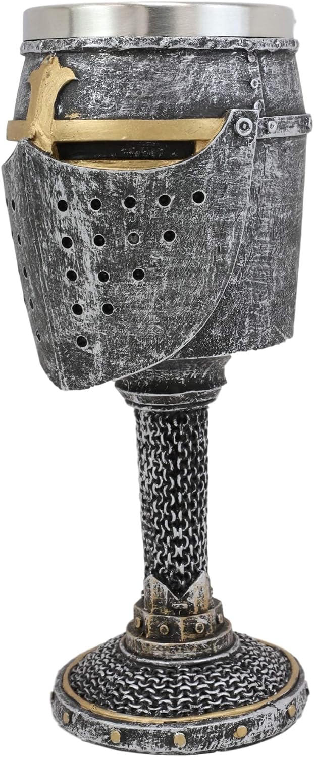 Ebros Medieval Renaissance Crusader Knight Of The Cross Suit of Armor Helm Drinkware Serveware With Sculpted Chainmail Handle Stem Middle Ages Warrior Crusade War Decor (Wine Goblet Chalice)