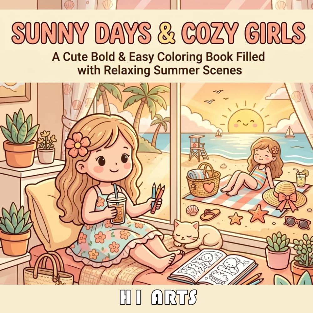 Sunny Days & Cozy Girls: A Cute Bold & Easy Coloring Book Filled with Relaxing Summer Scènes