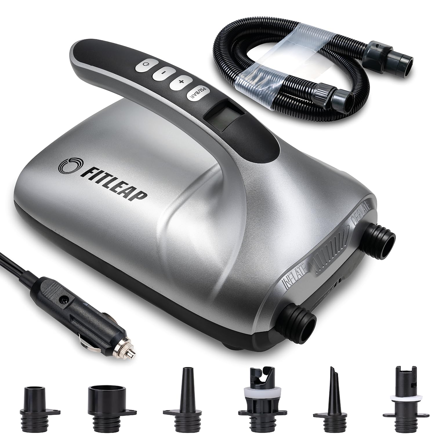 Fitleap SUP Pumpe elektrisch 20 PSI, pumpt das Board in wenigen Minuten auf | Zieldruck am LCD-Display genau einstellbar. Die Abschaltautomatik verhindert Überfüllung und Schäden an Ihrem Equipment