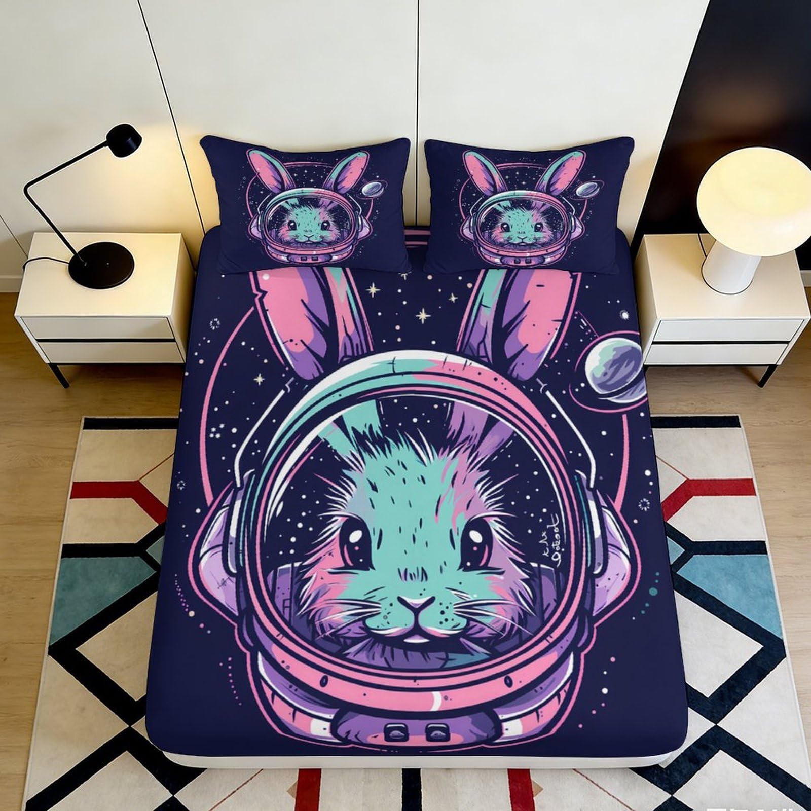 3D Printed Astronaut Bunny Fitted Sheet Microfiber Non Slip Cartoon Space Bed Cover for Bedroom Dorm Easy Care Decor 90x200x25cm