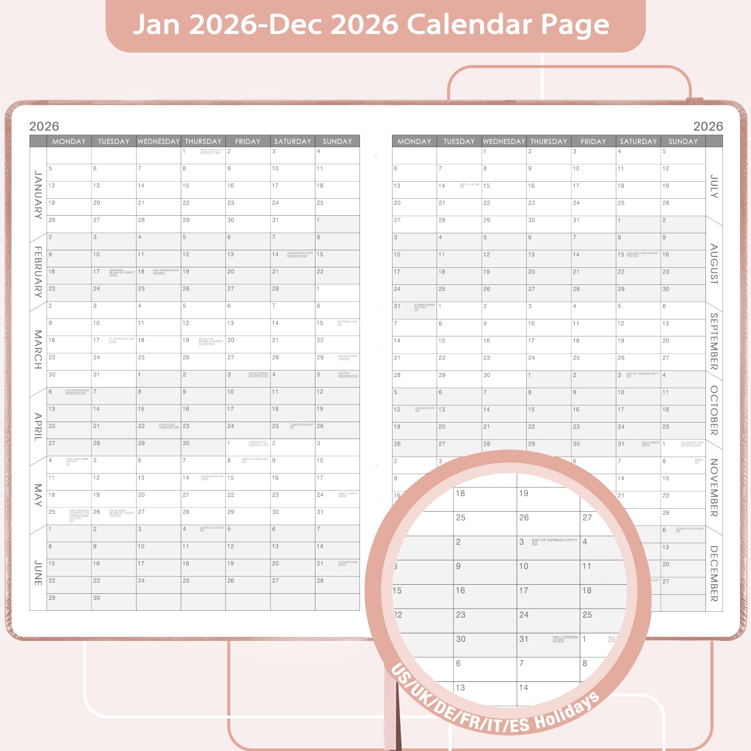 Diary 2026, A5 Diary Day-per-Page, Jan - Dec 2026 Daily & Monthly Planner With Pen Holder | 12 Month Tabs | 4 Planner Stickers | Inner Pocket, Hardback Spiral Calendar For Time Management - View #13