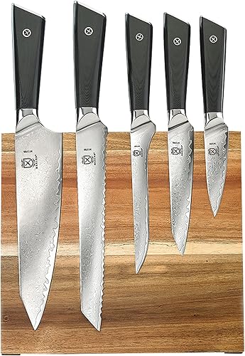 Mercer Culinary Juego de 6 cuchillos de acero de alta calidad con soporte magnético de acacia, asas G10
