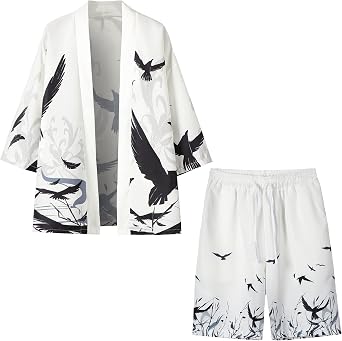 PRIJOUHE Japanese Kimono Set For Men Lightweight Haori Coat With Shorts Casual Stylish 2 Piece Summer Beach Outfits