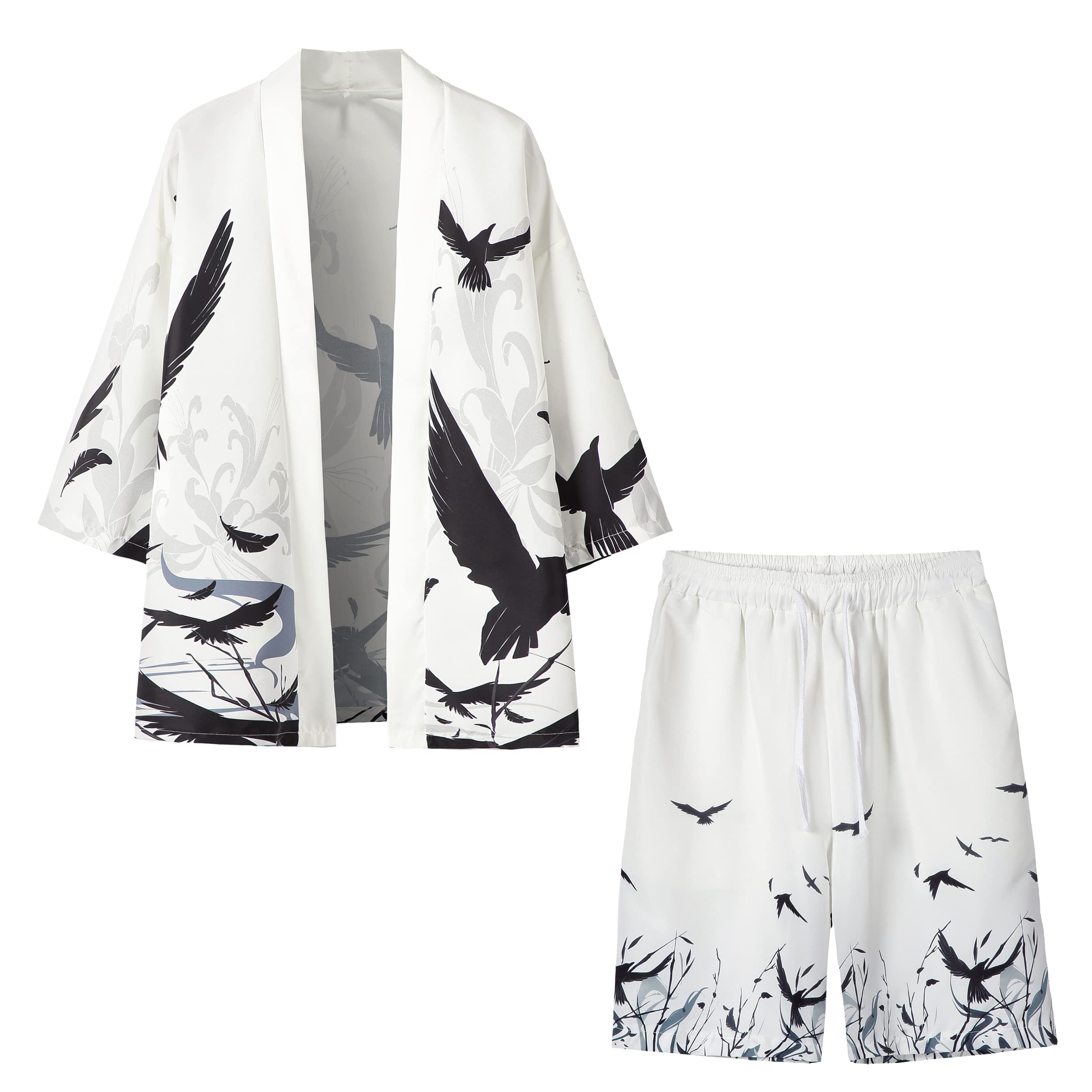 PRIJOUHE Mens Kimono Set Japanese Haori &amp; Shorts 2 Piece Summer Outfits