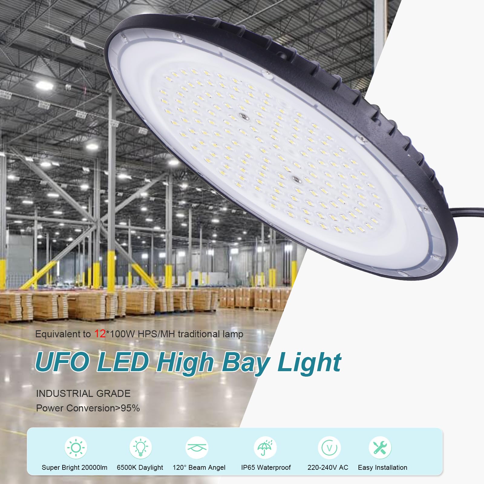200W UFO LED Lámpara de Alta Bahía, 20000LM Focos Led Interior Techo,6500K BlancaFría IP65 Impermeable Campana LED Industrial,High Bay lampara led techo para Fábrica,Garaje,Taller