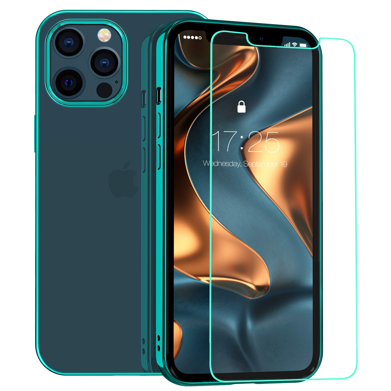 zelaxy Case Compatible with iPhone 12 Pro Max with Screen Protector,Crystal Clear Transparent Slim Hard Shell Luxury Protective Electroplated Cover Case for iPhone 12 Pro Max 6.7 inch (Pine Green)