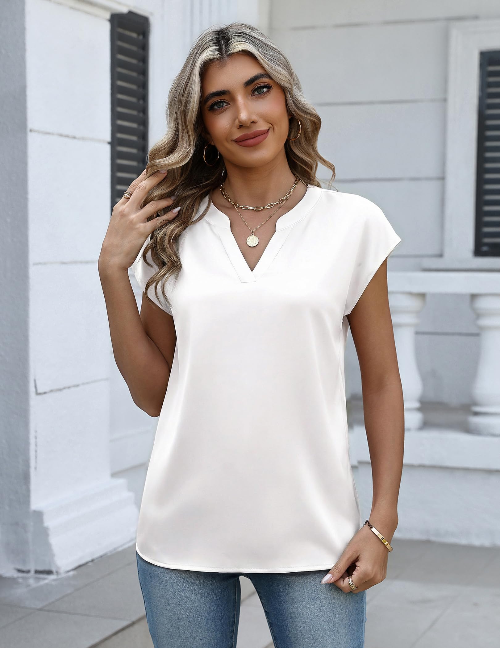 Zeagoo Women Tops Silk Satin Blouses V Neck Summer Shirts Cap Sleeve Business Casual Dressy Spring Clothing — view 5