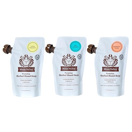 Moon Valley - Bolsa de repuesto para jabón de manos espumoso, paquete de tres unidades, limón y romero, menta lavanda, jabón de pomelo, vegano y sin