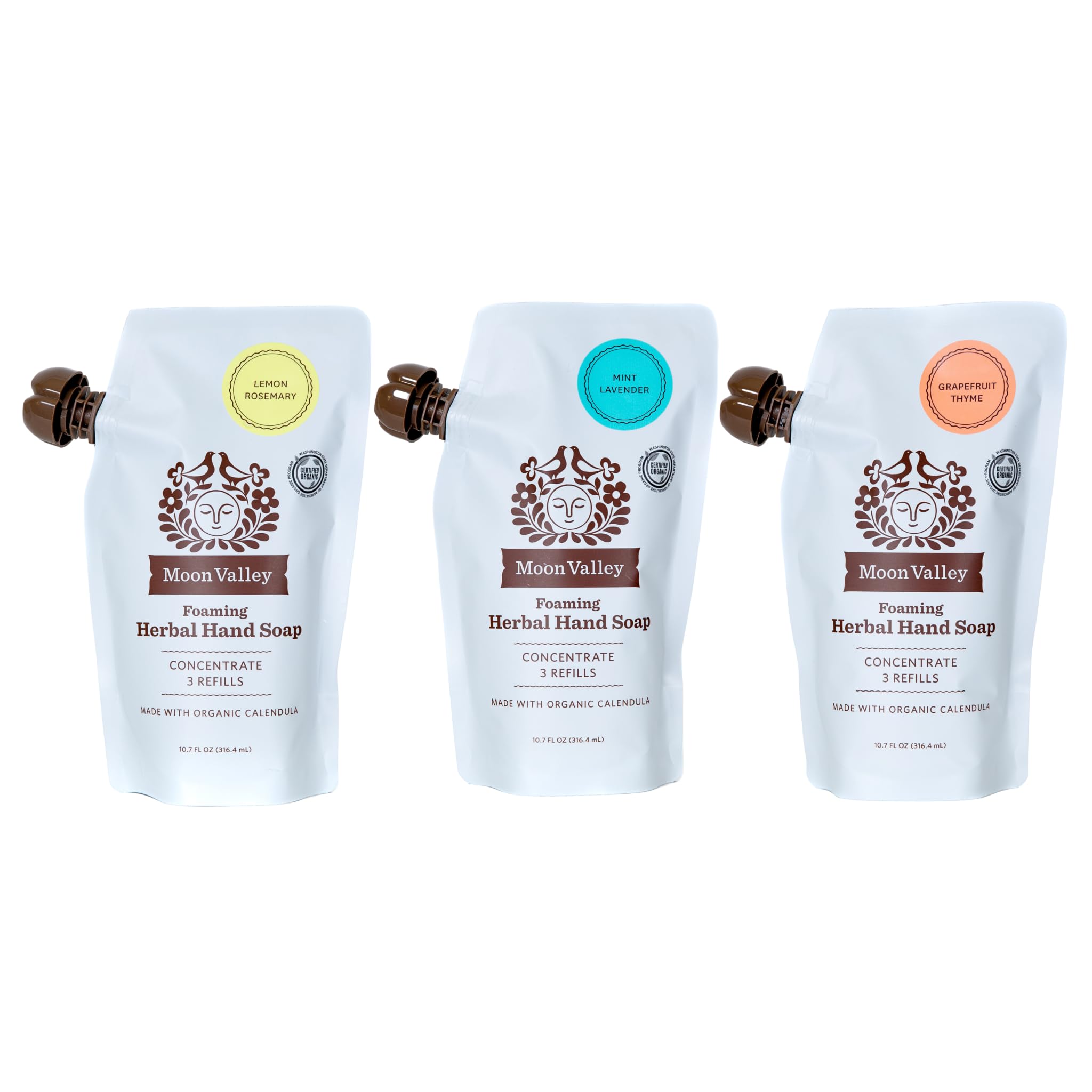 Moon Valley Foaming Hand Soap Refill Pouch, Three-Pack Lemon Rosemary, Mint Lavender, Grapefruit Soap, Vegan and Non-GMO, Environmentally Friendly