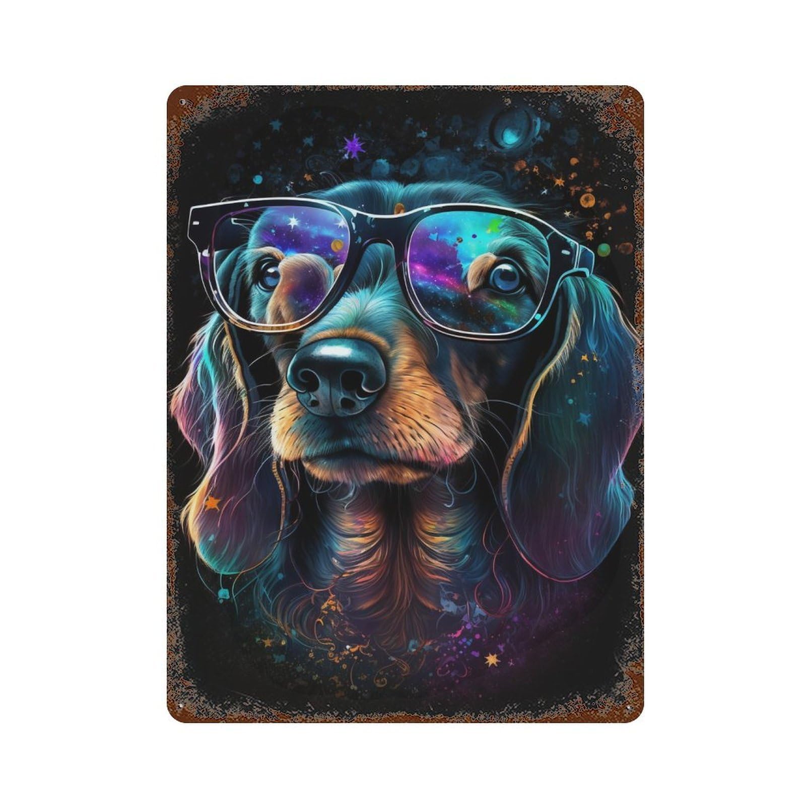 Cosmic Canine Glasses Art Print 15.7"x11.8" Rust Effect Tin Sign, Vintage Wall Decor for Farmhouse, Kitchen And Entryway Decor