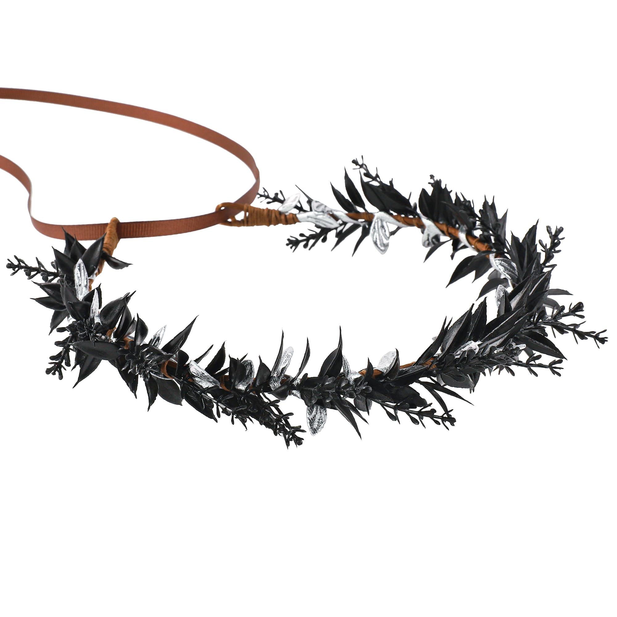 KorViSHOW Black Flower Crowns Headband - Dark Flower Headpiece Gothic Fairy Elf Circlet Floral Hair Accessories for Women Girls Renaissance Renfaire