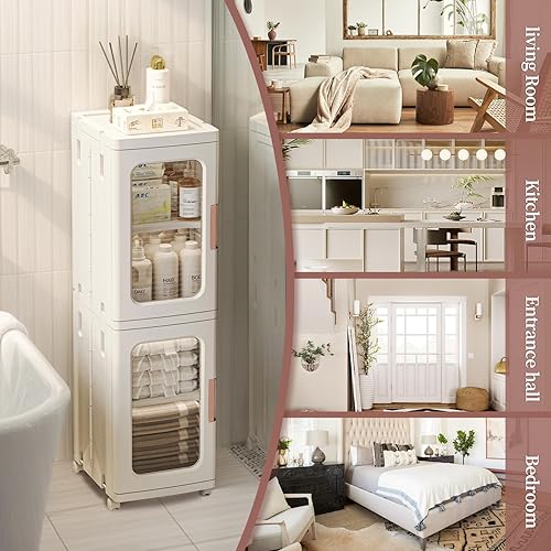 Miniatura 6 de Armario estrecho con puertas y estantes, organizador de cocina alto y delgado con estante ajustable, armario de papel higiénico de lino de 2 capas