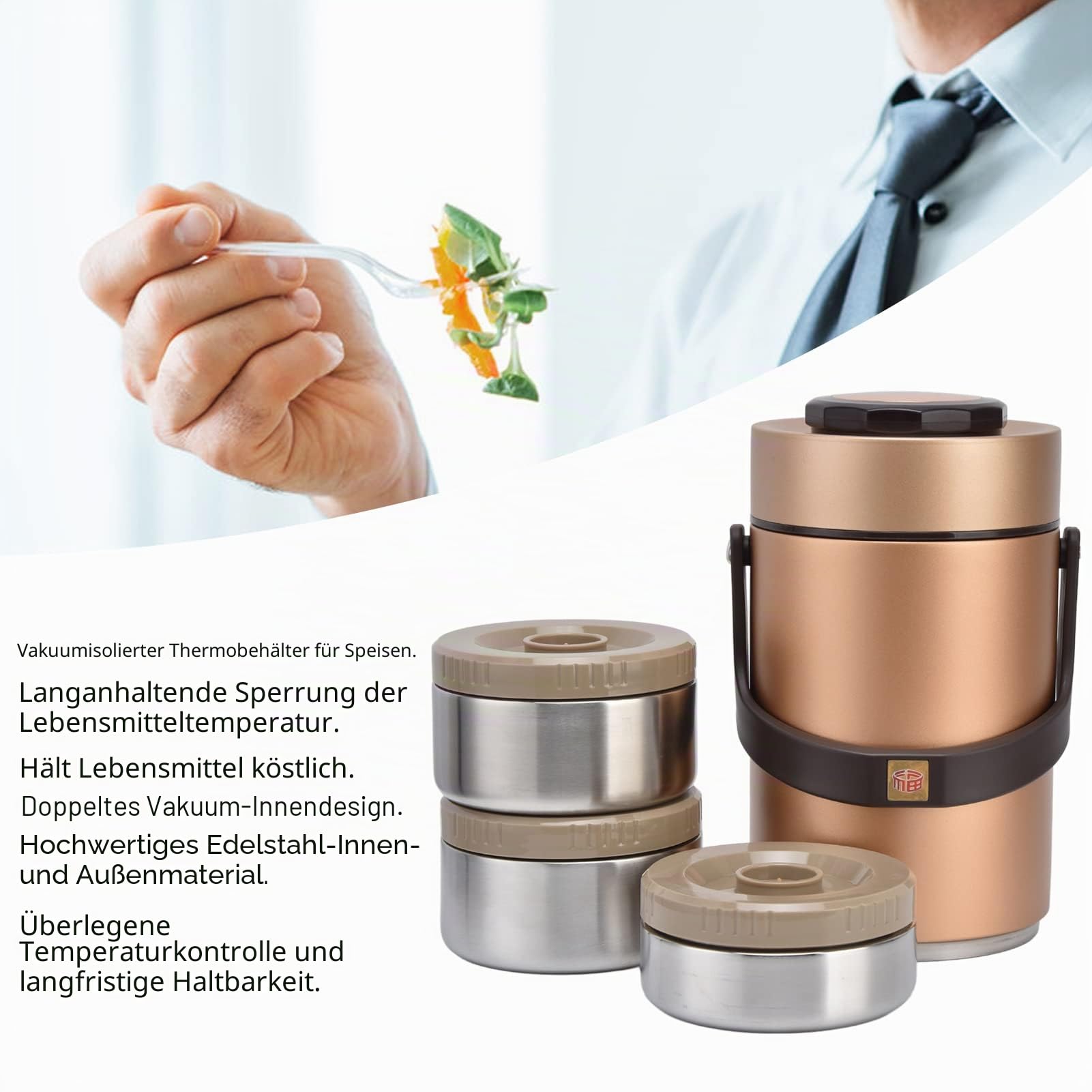 KIMISS Thermosflasche für Lebensmittel, 2 L, Termos Para Comida Caliente, 24 Horas, 304 Edelstahl, 2,3 L, Vakuum-Lunchbox, 3 Schichten, Verhindert Auslaufen, Isolierter Behälter für (Gold)