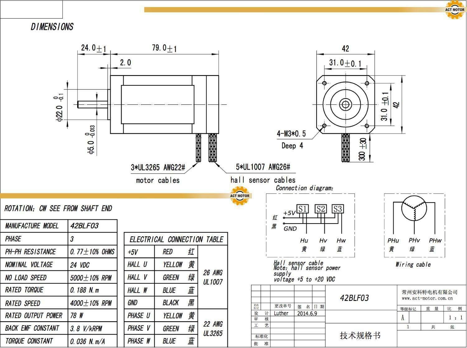 GmbH Nema17 1PC BLDC-Motor 42BLF03 79mm 24VDC 4000RPM 5.7A 78W Ø 5mm +1PC BLDC-8105A-4 Brushless DC-Driver CNC