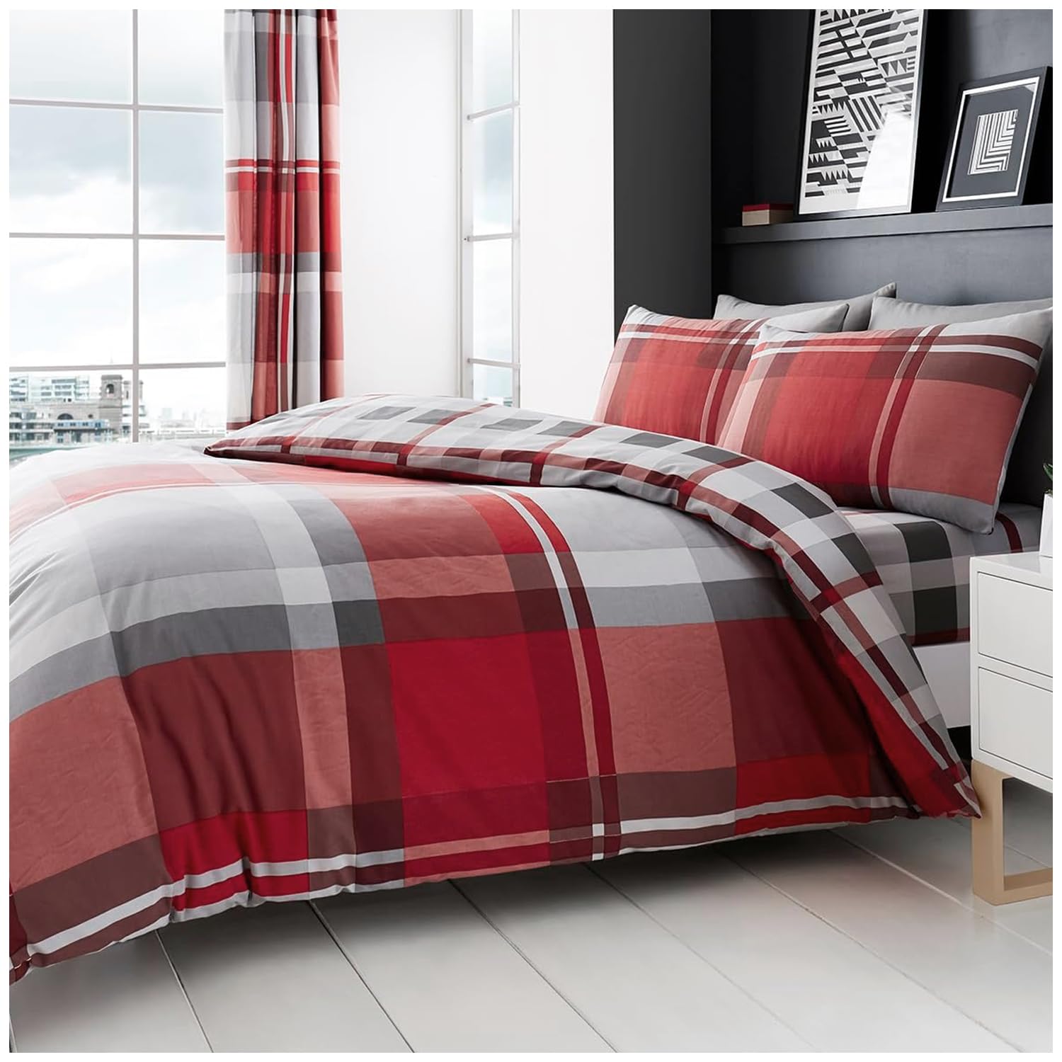 Gc Gaveno Cavailia Red Tartan Bedding Double Duvet Set | Breathable Hypoallergenic Reversible Checke Plaid Bedding Double Bed Set |
