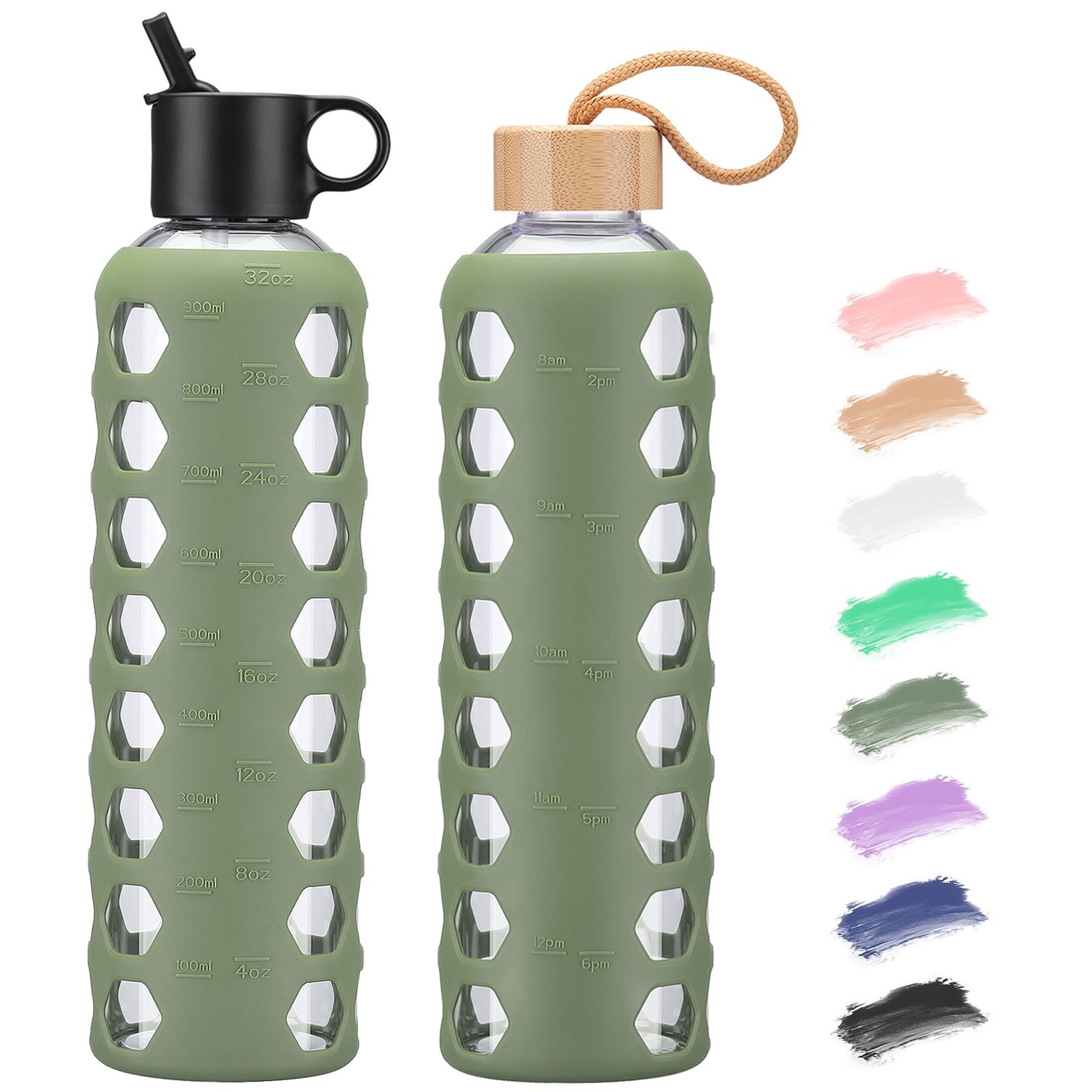 BLUEGO Borracce in vetro, 900ml Bicchiere in vetro, Bottiglie per bere con 2 coperchi, Bottiglia per l'acqua sportiva con custodia in silicone, A prova di perdite, Oliva