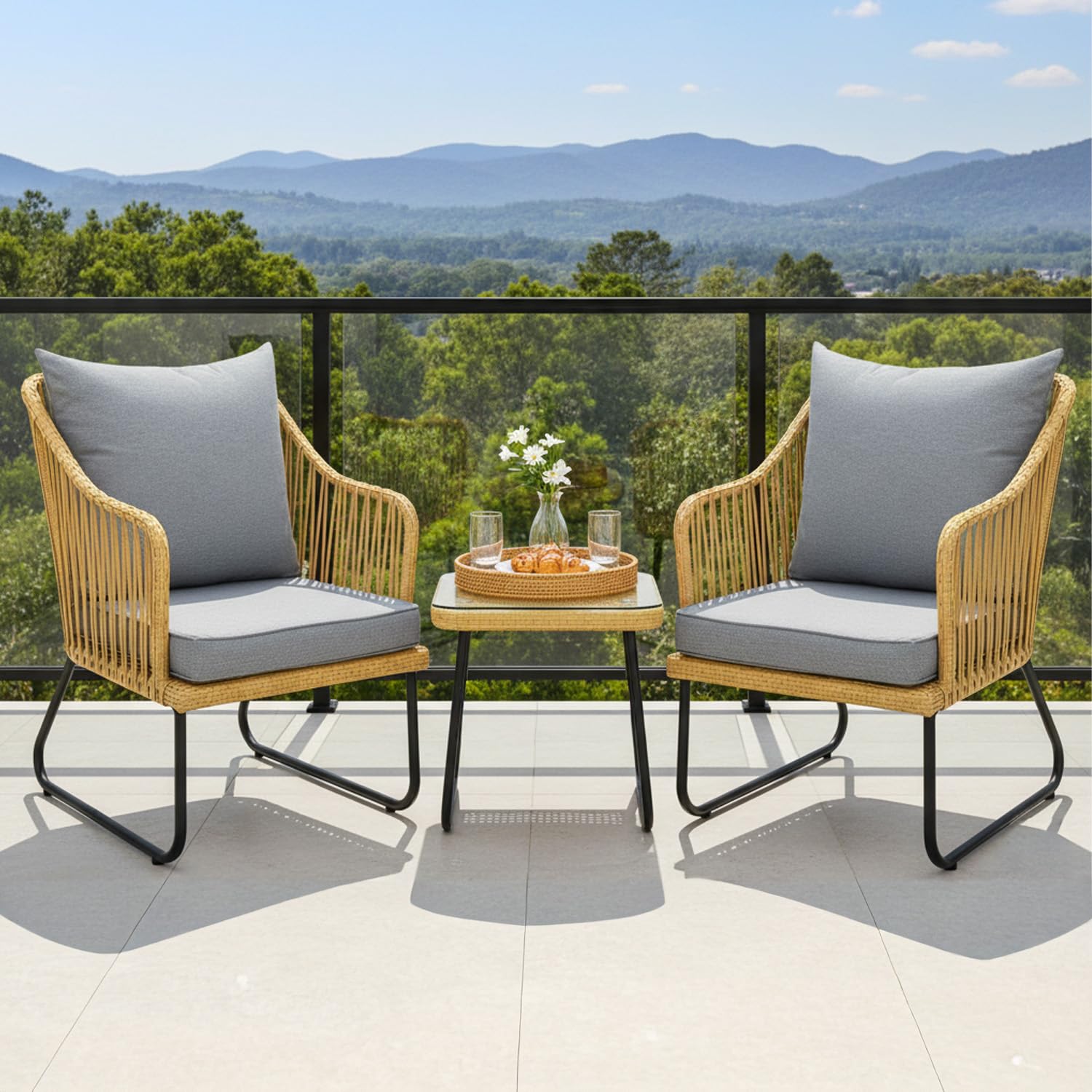 DEVOKO 3-Piece Patio Furniture Set Handwoven Wicker Chairs with Waterproof Cushions,Glass Top Coffee Table Perfect Porch Bistro Set for Backyard, Garden, and Deck