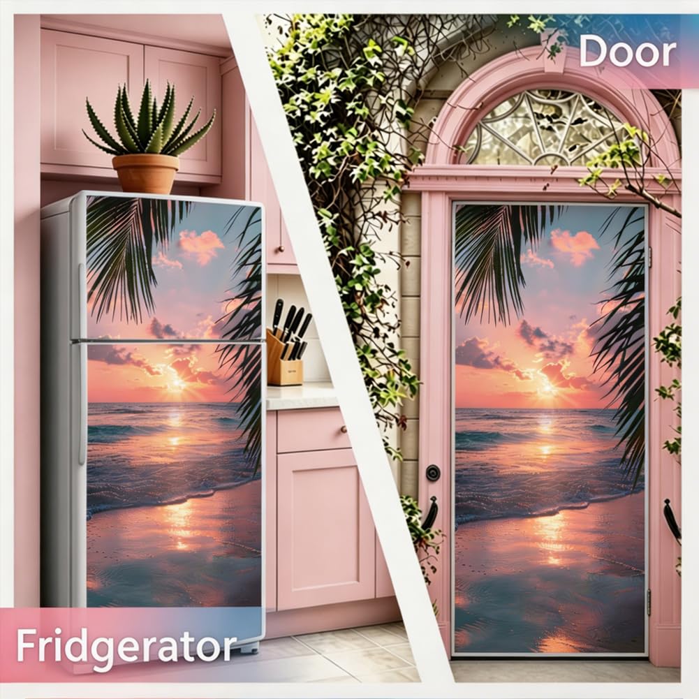 2 Blatt Farbverlauf Strand Türtapete Selbstklebend, 41.5x200cm Selbstklebende Abnehmbare Kühlschranktür Wandbilder Mit Sonnenuntergangsstrandmotiv 3D Für Dekoration von Küche Bar