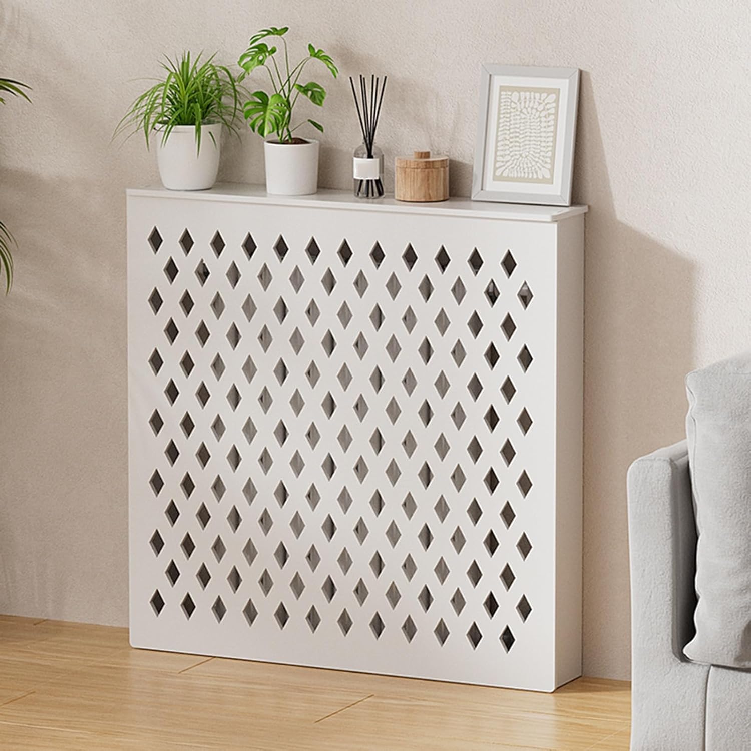 Armario de cubierta de MDF con estante superior, estante de radiador de diseño para ocultar tuberías desordenadas, 100 x 90 x 15 cm