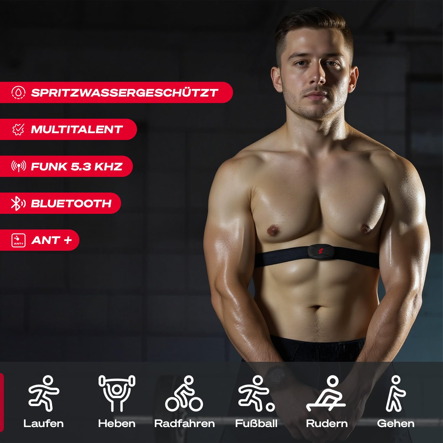 Sportstech Pulsgurt, Herzfrequenzmesser Brustgurt, Bluetooth ANT+, Fitness Tracker für Laufen, Radfahren, Training, IPX4 Wasserdicht, 350 h Batterie, Kompatibel mit Sportstech Live, Wahoo, Polar