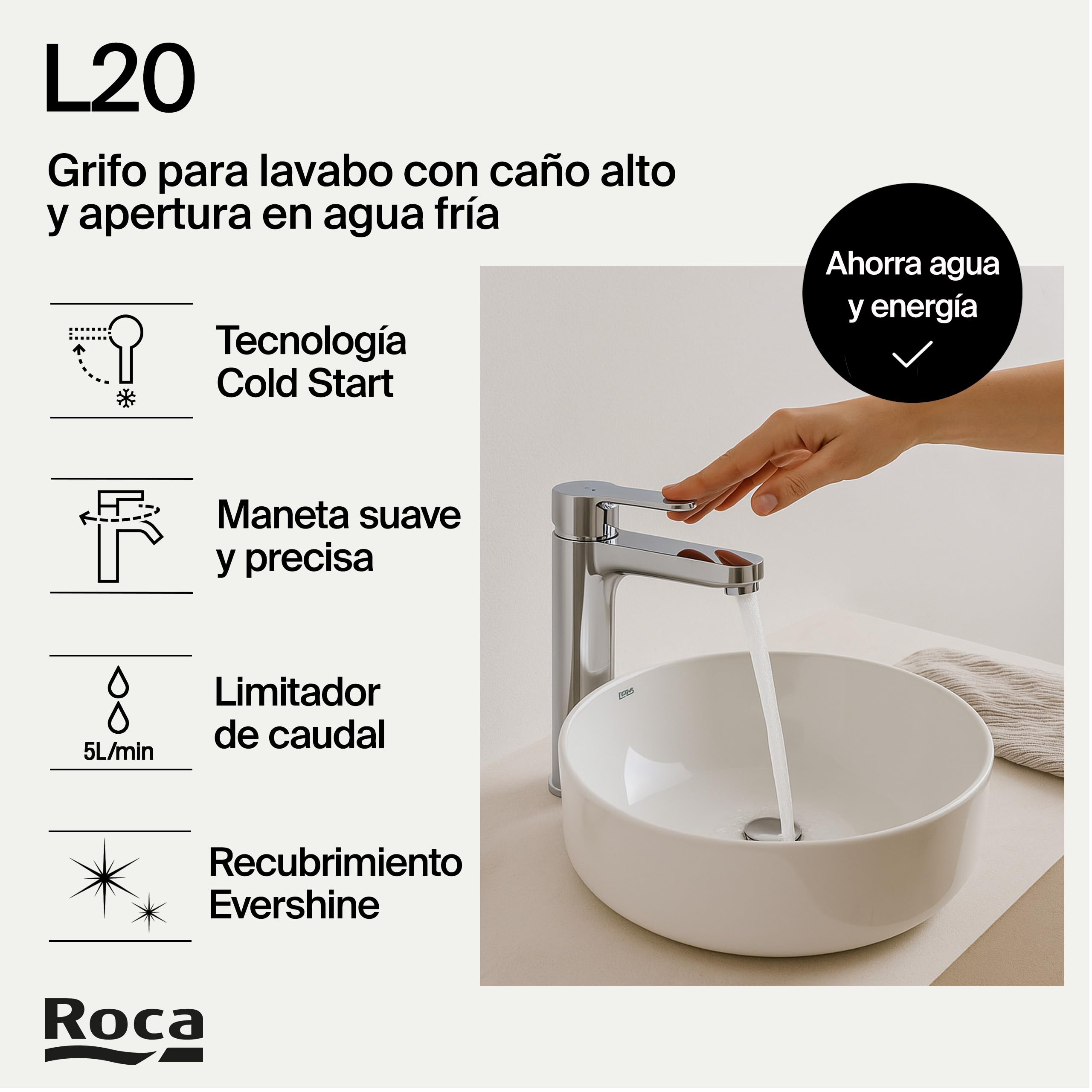 Roca L20 Grifería para lavabo de caño alto con tecnología Cold Start, grifo monomando con enlaces de alimentación flexibles, mezclador con desagüe automático de fácil instalación, cromado, A5A3C09C00