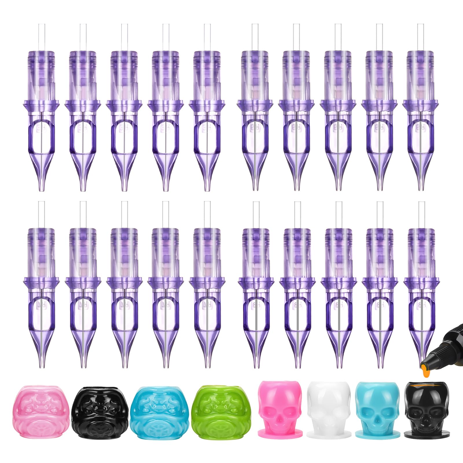 20pcs Tattoo Cartridge Needles 5pcs 3RL 5RL 7RL 9RL Purple Needles for Tattoo Gun Pen Liner Pattern with Disposable Skull Ink Cups for Pen Rotary Machine Supplies