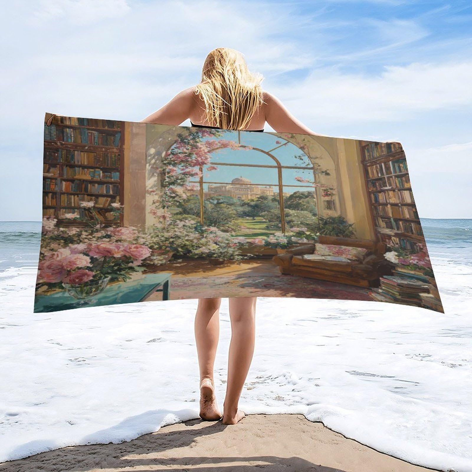 Luyysky Classic Vintage Library Bookshelf Quick-Drying Beach Towel, Modern Romantic Fantasy Castle Plant Pink Roses Floral Pattern Travel Vacation Single Sided Pile Bathroom Towels-80"W Cm X 160"L Cm