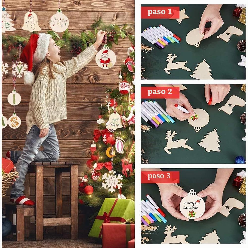 264 Pezzi Adornos Arbol Navidad Madera,Decoración Arbol de Navidad Colgante de Madera-Con Cordón-Manualidades de Navidad,Adornos Navideños Adecuado para Cajas de Regalo Decorativas,árboles de Navidad