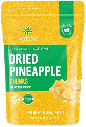 Herbaila Dried Pineapple Chunks, 1 Pound. Dehydrated Pineapple Chunk, Dehydrated Pineapple Bulk, Dried Pineapple Bits. All Natural, Non-GMO, Lightly Sweetened Dried Pineapples, 16 oz.