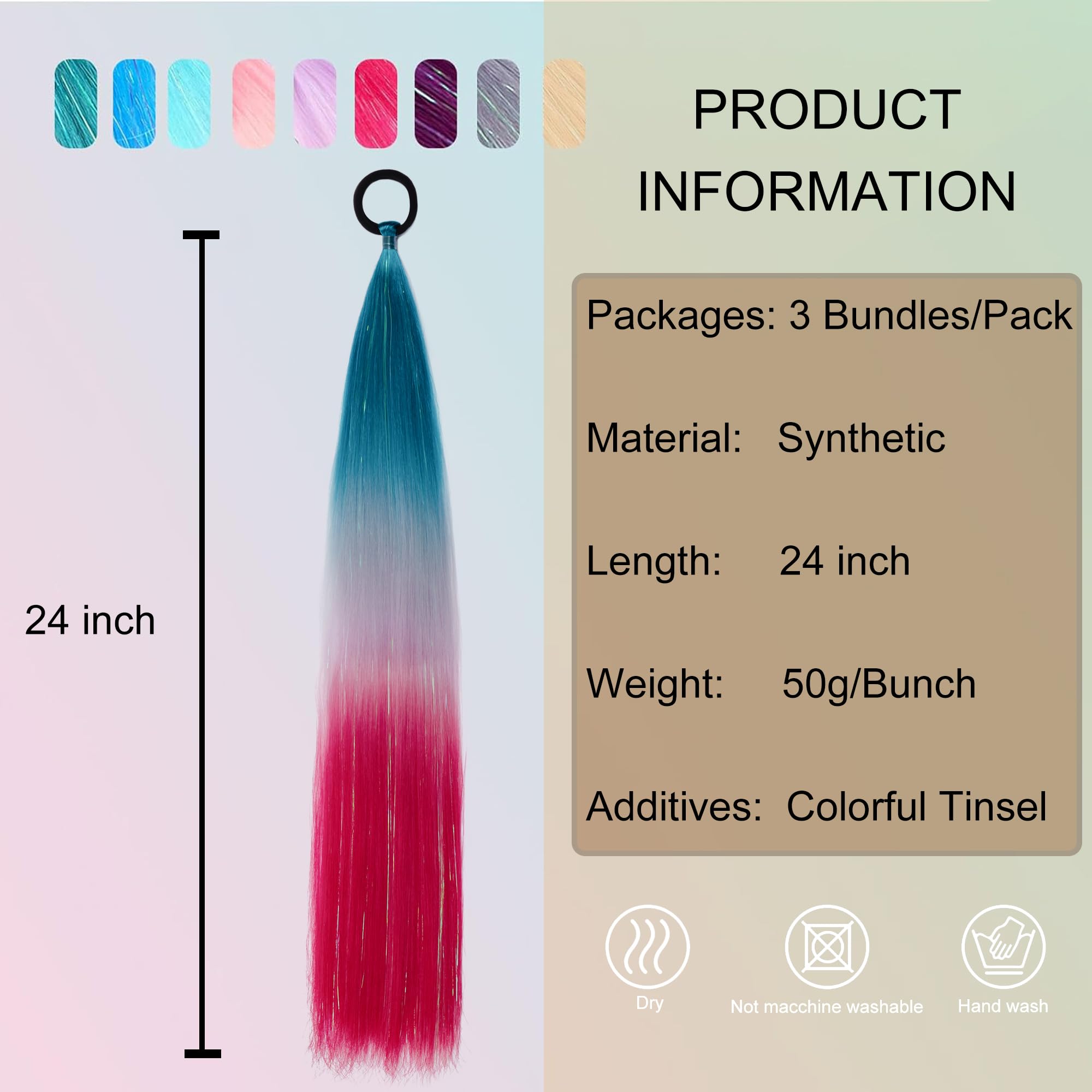 PORSMEER 3 Packs Ponytail Extension 24 inch Colored Hair Extensions for Braiding Rainbow Pony Tail Hair Extensions for Braids with Hair Tie Glitter Hair for Festival/Party,Green to Silver Grey to Red - Image 3